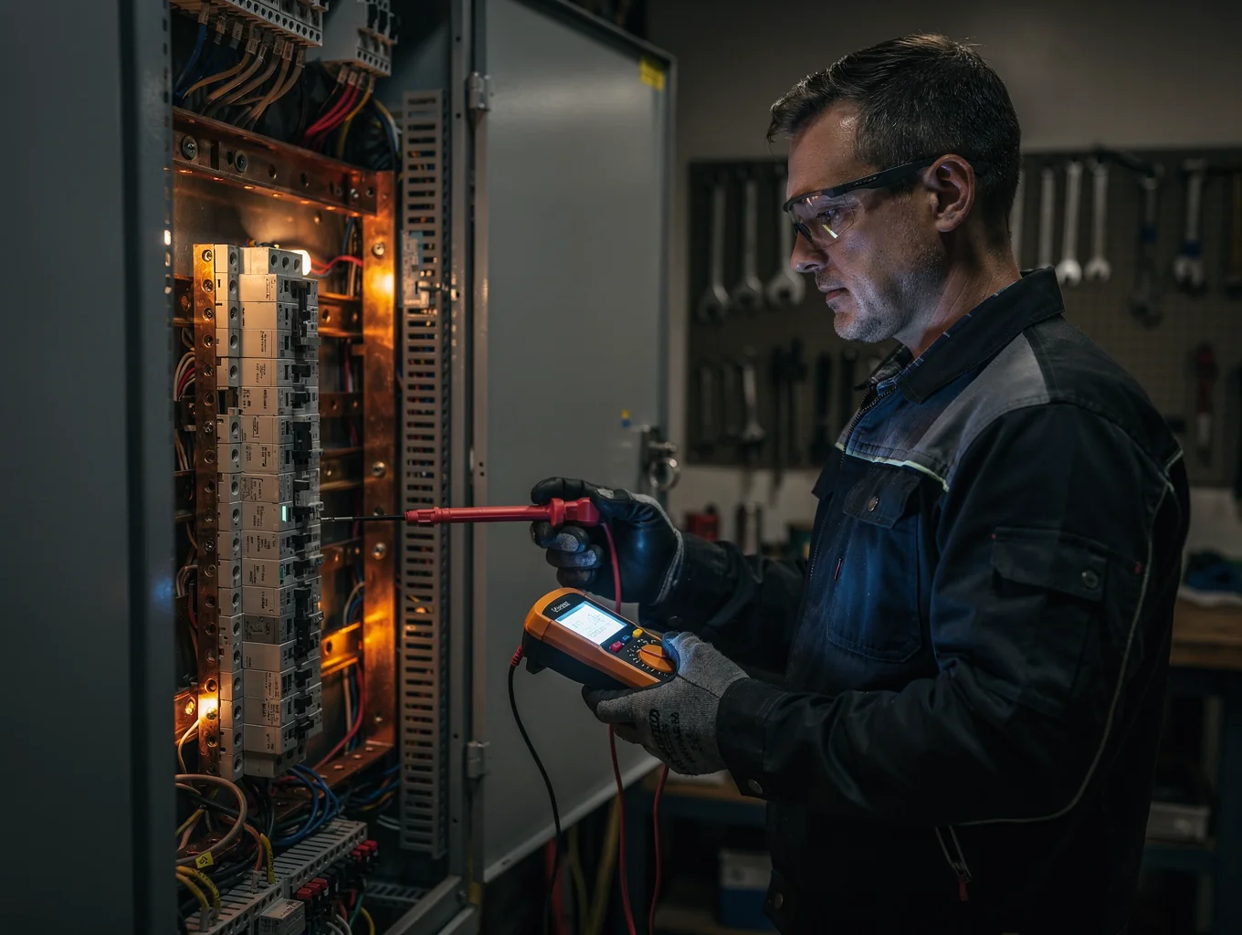 Electrician testing voltage levels on a main panel with testing probes
